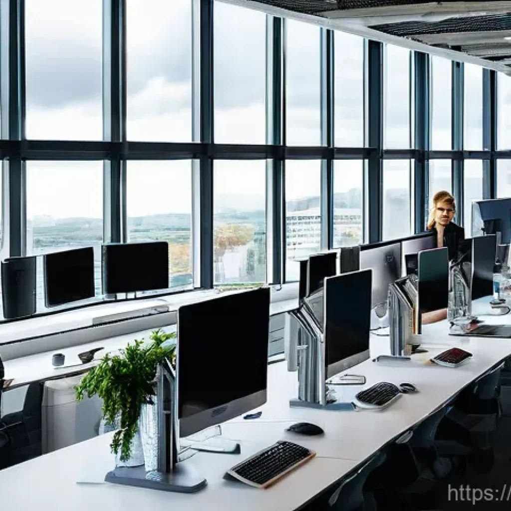 아일랜드 직업시장과 인기 직종 - **Prompt:** A vibrant and modern open-plan office in a sleek, glass-fronted building in Dublin. A di...