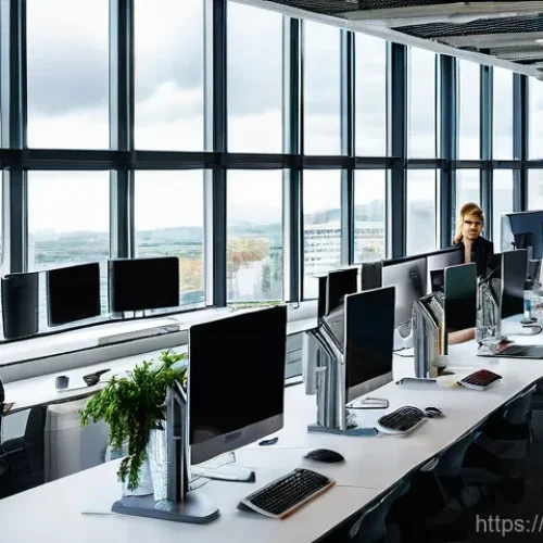 Home 22 아일랜드 직업시장과 인기 직종 - **Prompt:** A vibrant and modern open-plan office in a sleek, glass-fronted building in Dublin. A di...