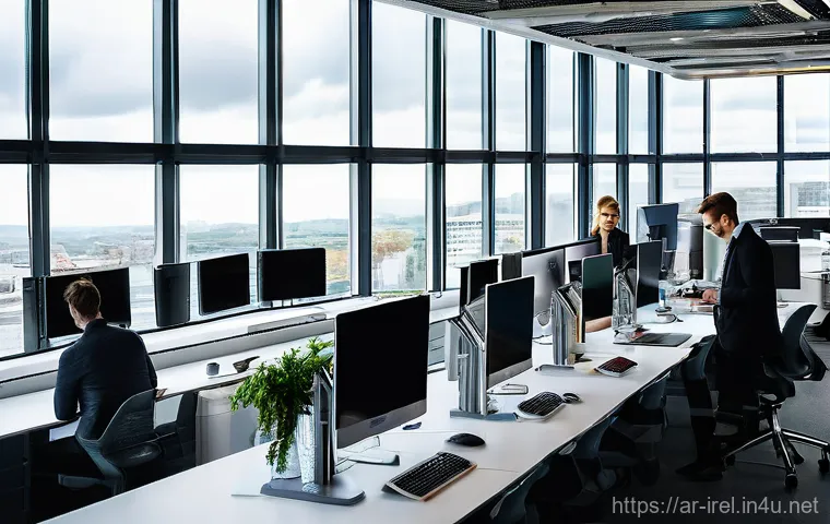 아일랜드 직업시장과 인기 직종 - **Prompt:** A vibrant and modern open-plan office in a sleek, glass-fronted building in Dublin. A di...
